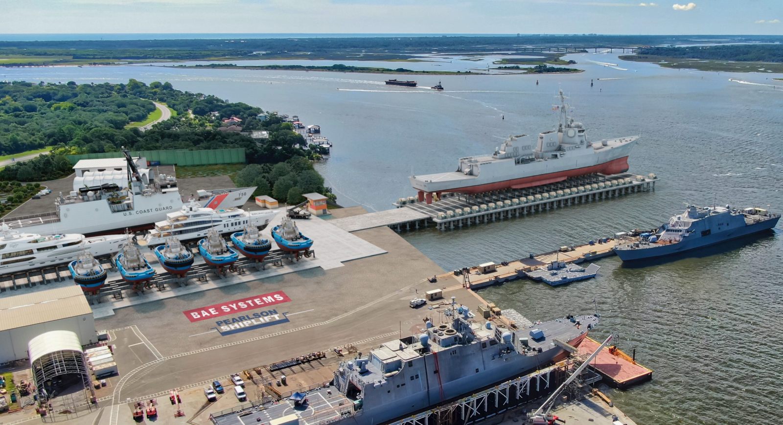 Aerial view of the Pearlson shiplift and land-level repair complex at BAE Systems in Jacksonville — the largest shiplift ever built